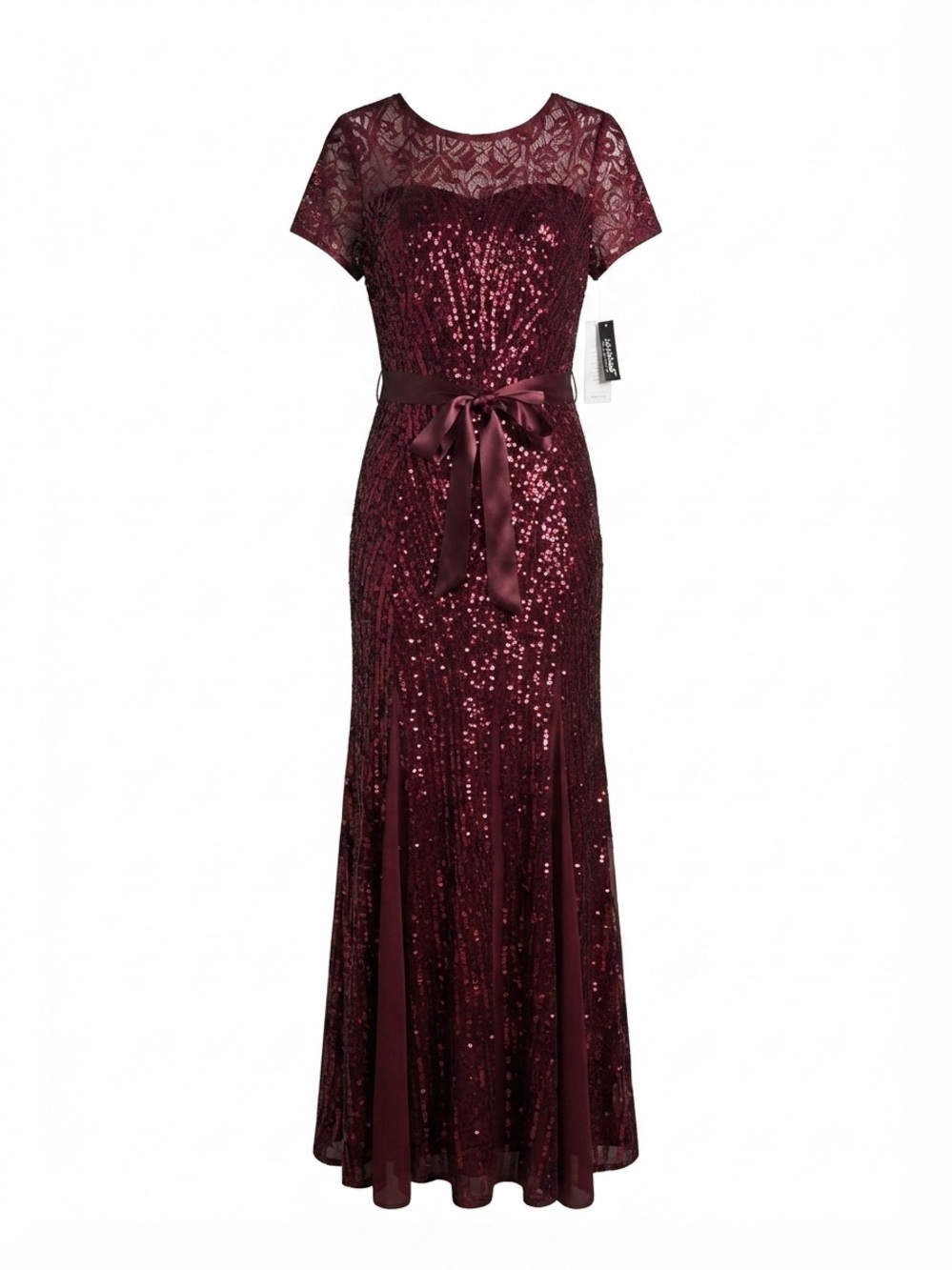 Elegant Merlot Sequin Mesh Evening Gown with Satin Belt - Size 10